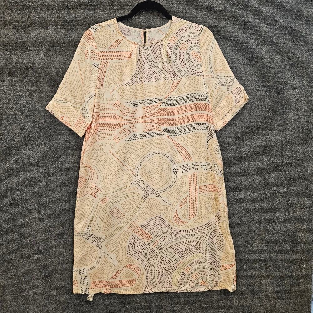 100% Silk Abstract Print Shift Dress Beige Multicolor Short Sleeve Size M